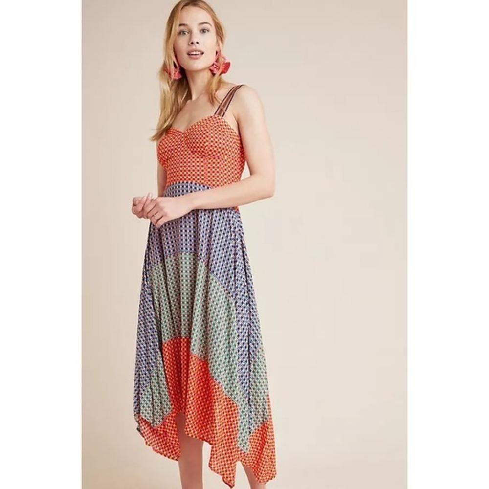 Maeve by Anthropologie Patchwork Checkerboard Midi Dress Handkerchief Hem 4